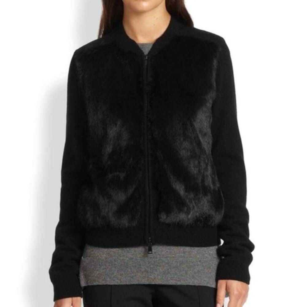 Vince Black Rabbit Fur Front Zip Cardigan Knit Sweater Jacket Size XXS